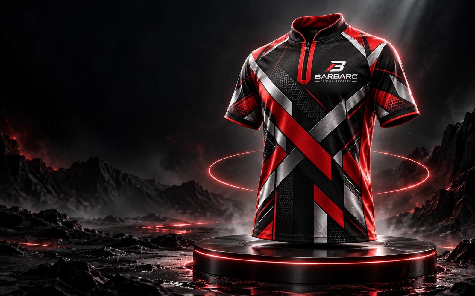 BARBARC red, black and silver custom darts polo